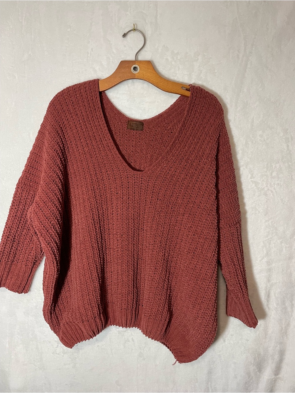 POL V-Neck Chunky Chenille Oversized Sweater - Rust